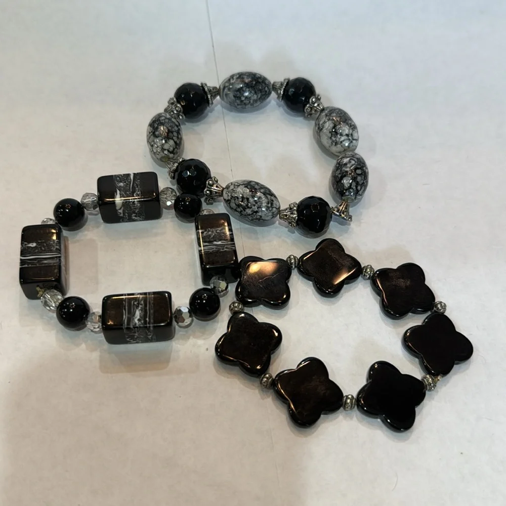 SET 3 BLACK GRAY‎ STONES STRETCH BRACELETS